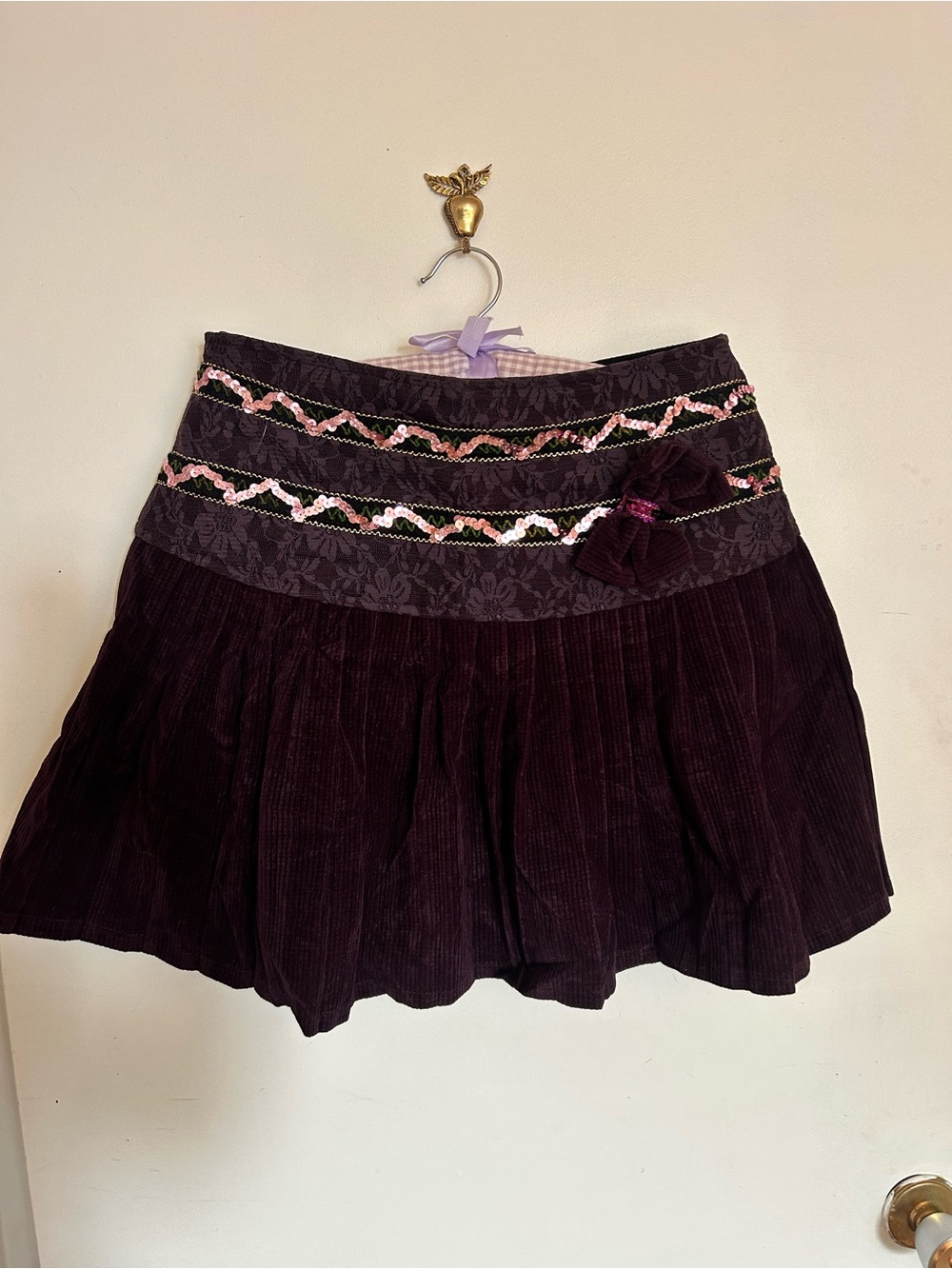 Women's whimsical Dark Plum Corduroy Skirt with lace and sequins size 6-8